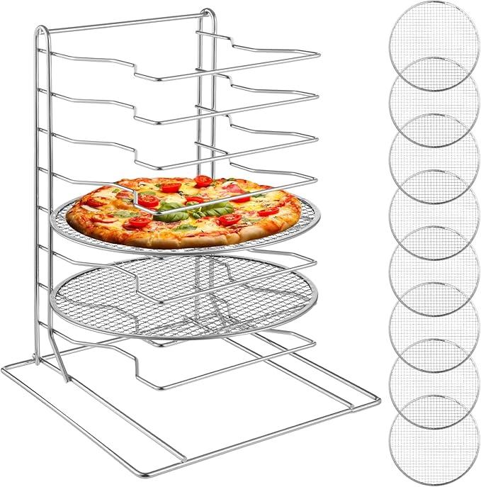 8 Tier Pizza Rack With 8 Perforated 12 Inch Perforated Pizza Pans with Holes 16.7'' H x 12'' L x 12'' W Stainless Steel Pizza Pan Rack Holder for Buffet Table Easy Storage Multiple Pizzas (8 Tier)