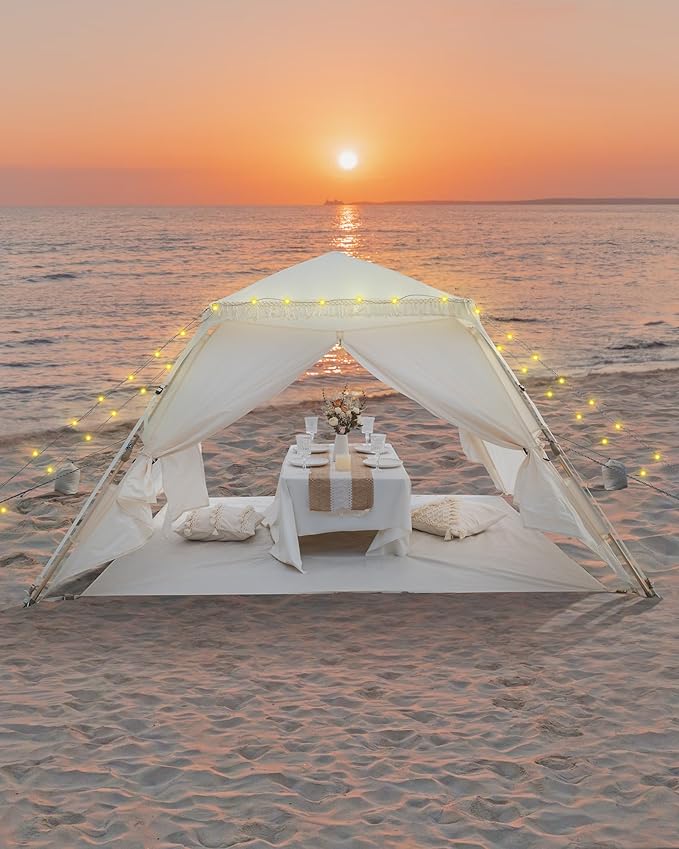OutdoorMaster Pop Up Beach Tent with Fringe for 4 Person Easy Setup and Portable Beach Shade Sun Shelter Canopy with UPF 50+ UV Protection 11MM Thick Pole