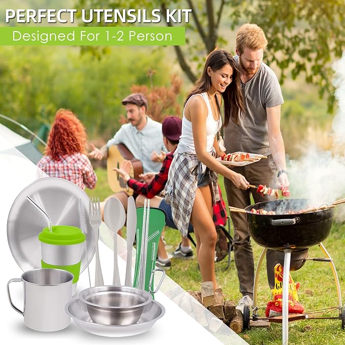 Acelane Camping Mess Kit Camping Plates Dishes Stainless Steel Camping Utensils Set Tableware Dinnerware with Bowls Cups Cutlery 1-2 Person for Backpacking Hiking Picnic BBQ RV Travel