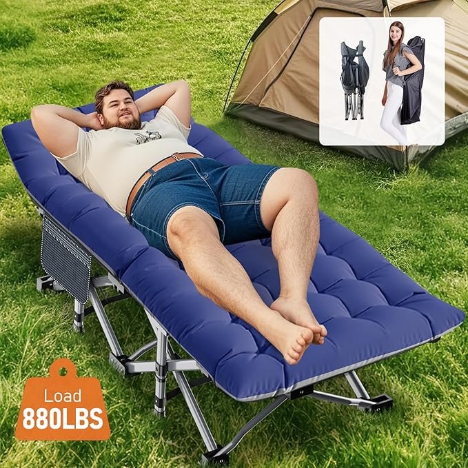 Slsy Folding Camping Cot for Adults with Pad Padded Portable Sleeping Cots Camp Bed with Carry Bag for Outdoor Travel Beach Hiking