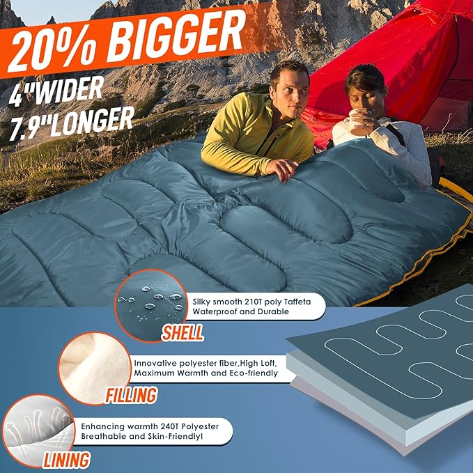 MEREZA Double Sleeping Bag for Adults Mens with Pillow XL Queen Size Two Person Sleeping Bag for All Season Camping Hiking Backpacking 2 Person Sleeping Bags for Cold Weather &amp Warm