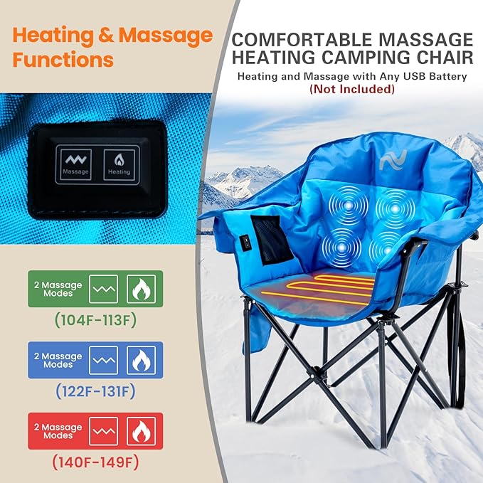 NAIZEA Heated Massage Camping ChairsHeated Outdoor Chair w/3 Heating Mode Oversized Heated Chair for Adults Heavy Duty Folding Camping Chairs for CampFishing Sports EventsNOT Included Battery