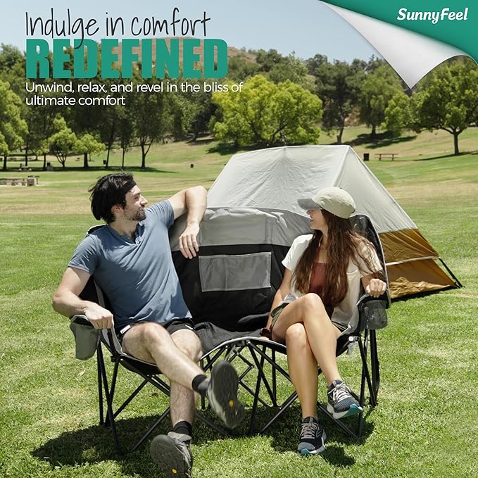 SUNNYFEEL Double Camping Chair Portable Folding Loveseat with Cup Holders Heavy Duty Steel Frame Gray