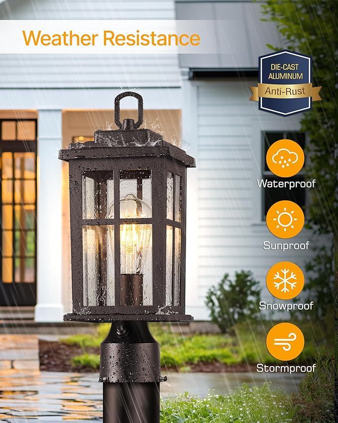 Dusk to Dawn Outdoor Post Lights Bronze Outdoor Lamp Post with Pier Mount Base Waterproof Lamp Posts Outdoor Lighting with Tempered Glass for Garden Porch Patio(Hardwired 120V Not Solar)