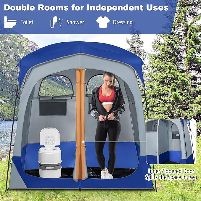 LDAILY Camping Shower Tent 2 Room Instant Privacy Tent with Floor Removable Rain Cover Mesh Window Inside Pocket and Clothesline Portable Changing Room for Outdoor Toilet Dressing