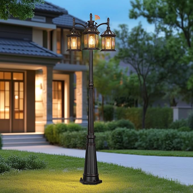 Dusk to Dawn Outdoor Lamp Post Light with 3 LED Bulbs Triple Head Aluminum Street Light Post for Outside with Sensor Waterproof Birdcage Pole Lighting Fixture for Backyard Garden Patio Bronze