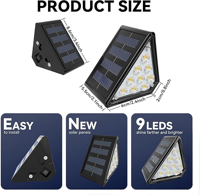 LED Solar Step Lights Outdoor IP67 Waterproof Auto On/Off Solar Decoration Lights Perfect Fit for Stair Corners - Decor &amp Safety Lighting for Deck Yard Patio Porch (8 Pack)