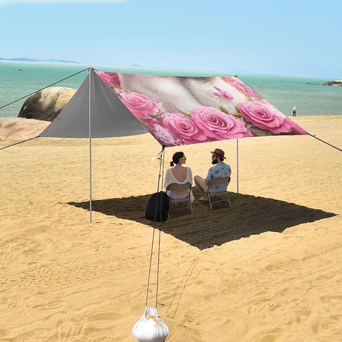 ALAZA Beautiful Cats Rose Kitten Beach Tent Sun Shelter UPF50+ Protection Beach Shade Canopy w/ 4 Sandbags for Outdoor Camping Fishing Backyard Fun Picnic 10x9 ft