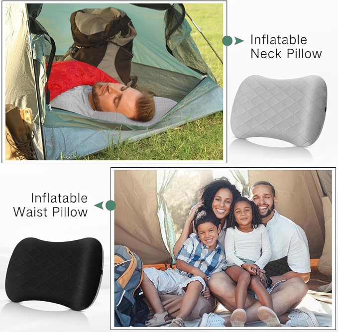 2 Pack Inflatable Travel Camping Pillow with Removable Cover Backpacking Blow up Neck Air Pillow Compressible for Lumbar Support Travel Hiking(BlackGrey)