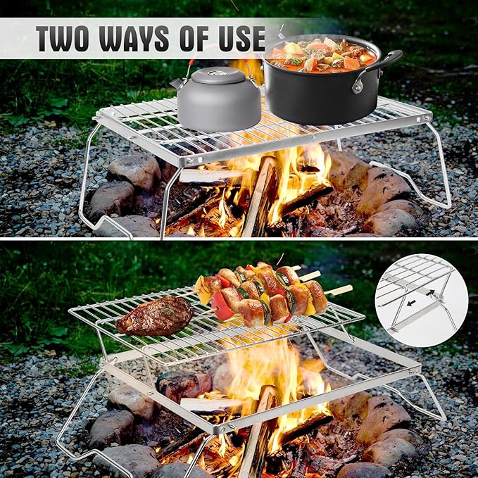 ZORMY 17 Large Folding Campfire Grill 304 Stainless Steel Firepit Grill Grate Heavy Duty Portable Camping Grill with Carrying Bag Gas BBQ Grill Grate for Backpacking Hiking Picnics (Double)