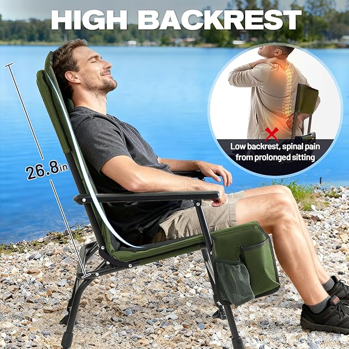 X Strike Oversized Folding Fishing Chair with Rod Holder Heavy Duty 350LBS Feet Adjustable Padded Camping Chair with Cup Holder Side Pocket Hard Armrest