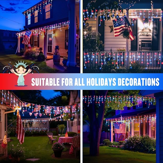 JMEXSUSS Icicle Lights for 4th of July Decor 400 LED Red White and Blue Icicle Lights for Outside 38.8 Ft Independence Day Icicle String Light Indoor Outdoor Holiday American Flag Decor