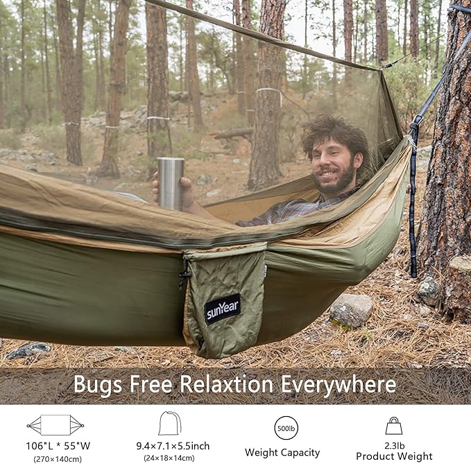 Sunyear Hammock Camping with Rain Fly Tarp and Net Portable Camping Hammock Double Tree Hammock Outdoor Indoor Backpacking Travel &amp Survival 2 Tree Straps100% Waterproof