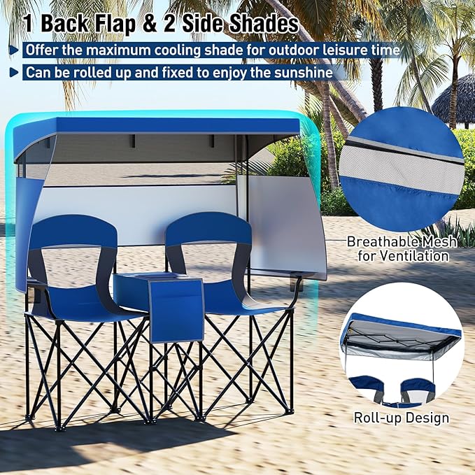 S AFSTAR Camping Chair with Canopy 2-Person Folding Beach Chair with Cup Holders 3-Side Shading Curtains &amp Cooler Bag Foldable Loveseat Lawn Chair for Camping Outdoor &amp Fishing (Navy Blue)