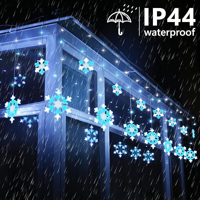 Christmas Snowflake Lights 10.66ft 168 LED Icicle Lights Outdoor with 14 Drops 8 Modes Waterproof Connectable Christmas Light for Eaves Wedding Garden Yard Indoor Xmas Decor (White &amp Icicle Blue