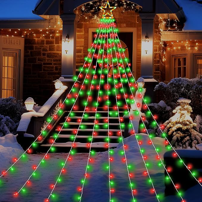 Christmas Decorations Outdoor 11.5 ft 317 LED Star Christmas Tree Lights 8 Memory Lighting Modes&ampTimer Star Light for Yard Wedding Party Decorations（Red+Green）