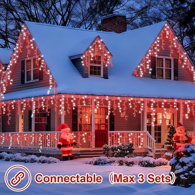 YEGUO 33ft 400 LED Red and White Icicle Lights Outdoor Waterproof 80 Drops Icicle String Lights Connectable 8 Modes Icicle Christmas Lights with Memory