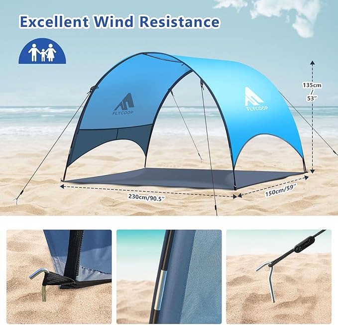 Beach Umbrella with UPF 50+ UV Protection – Compact &amp Portable Beach Tent Canopy with 360° Ventilation Wind Ropes &amp Stakes – Family Travel Backyard Park Shade (Blue 90.5 * 59 * 53″)