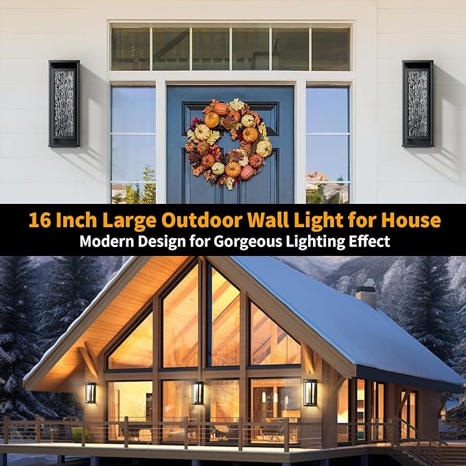 16'' LED Outdoor Wall Lights 2 Packs 3000K Porch Lights Outdoor Sconce Lights with Water Ripple Glass Modern Exterior Lighting Fixtures Outdoor Lantern Outside Lights for House Garage Patio Black