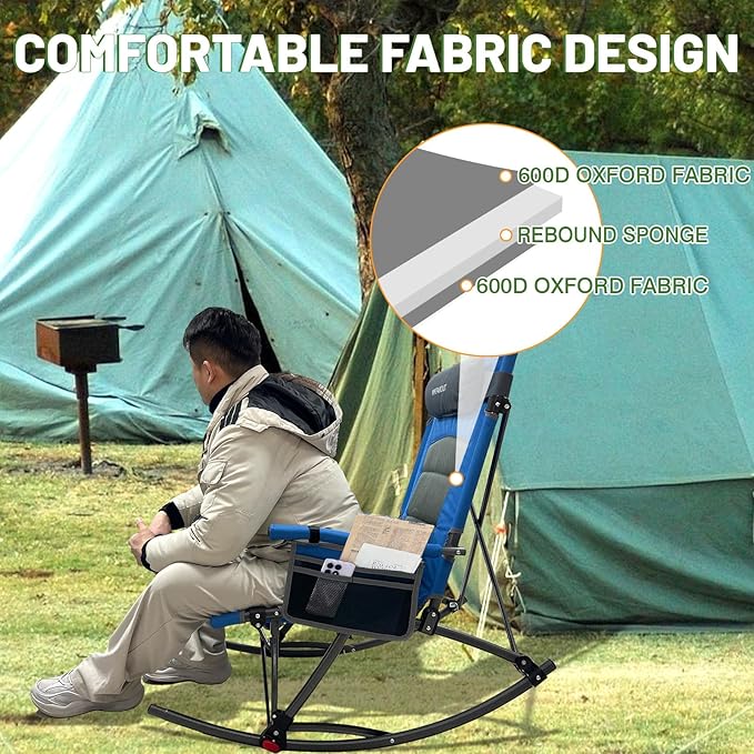 13.8 High Seat Rocking Camping Chair Outdoor with Foot Rest &amp Headrest Oversized Folding Rocker Chair with Carry Bag for Lawn Patio Supports 300 lbs