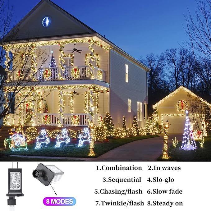 Christmas Lights Outdoor 800LED 330FT Warm White String Lights 8 Mode Plug in Waterproof Decor Twinkle Lights for Bedroom Xmas Thanksgiving Wedding Party Garden Yard Tree Decoration