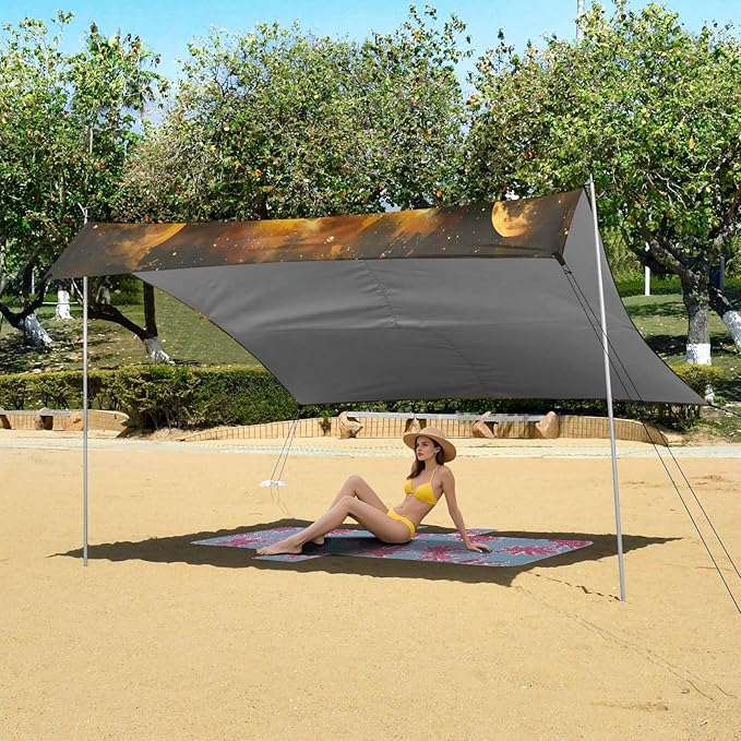 ALAZA Golden Wolf Galaxy Beach Tent Sun Shelter UPF50+ Protection Beach Shade Canopy w/ 4 Sandbags for Outdoor Camping Fishing Backyard Fun Picnic 10x9 ft