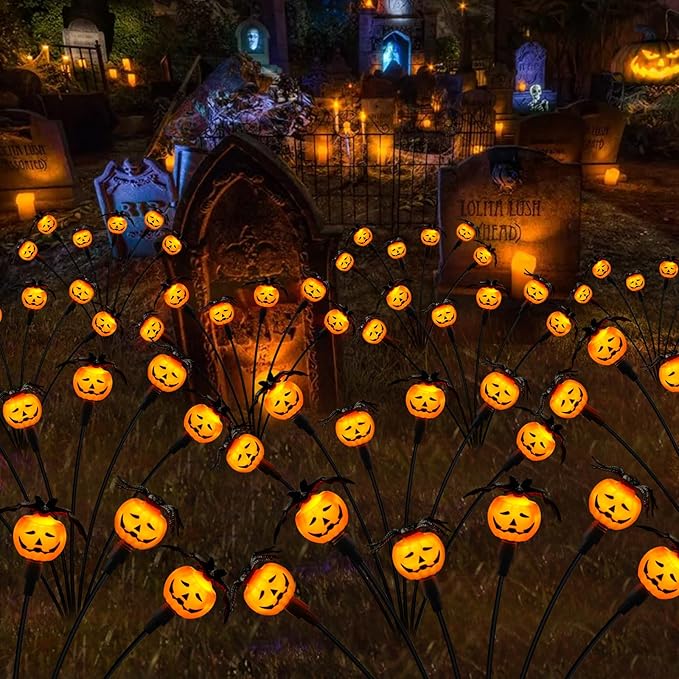 Halloween Decorations Outdoor 4 Pack Solar Lights 24 LED Scary Pumpkin Swaying Firefly Lights with Spider &amp Bats for Outside Garden Yard Lawn Grave Cemetery Ghost Decor Party Orange
