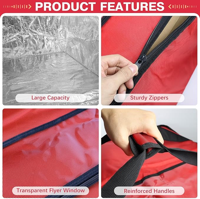 Large Pizza Delivery Bag Insulated 24x 24 x14 Red Pizza Warmer Bag for Food Delivery Pizza Carrier Insulated Bags Keep Your Pizza Hot and Fresh Perfect for Deliveries and Personal Use