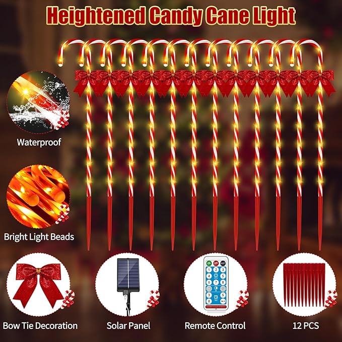 40in Christmas Solar Candy Cane Pathway Lights 12Pcs 120 LED Solar Outdoor Christmas Decorations with Red Bow Waterproof 8 Modes Timer Remote Walkway Garden Light for Xmas Yard Lawn Patio Decor