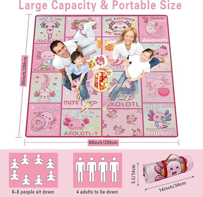 Extra Large Picnic Blankets Waterproof Foldable (80x 80) Axolotl Beach Blanket Waterproof Sandproof3-Layer Thicking Mat Outdoor Packable Camping Blanket