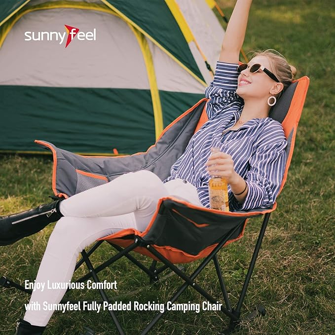 SUNNYFEEL Heated Camping Chair Oversized Rocking Camping Chair for Adults 500 LBSFolding Lawn Chair with Padded Patio Recliner Portable Outdoor Camp Rocker Chairs