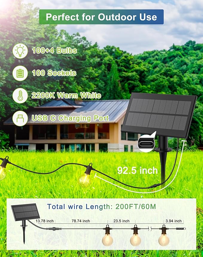 Solar String Lights Outdoor Waterproof 200FT with USB Port and 100 Shatterproof G40 Bulbs(3 Spare) LED Solar Powered Patio Lights for Outside Porch Backyard Gazebo Garden(Warm White)