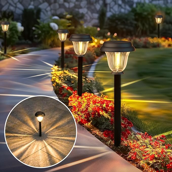 Solar Lights Outdoor 6 Pack Metal Solar Pathway Lights Heavy Duty Stainless Steel &amp Glass Auto On/Off Waterproof Garden Lights for Driveway Landscape Walkway Yard Outdoor Decor (Warm White)