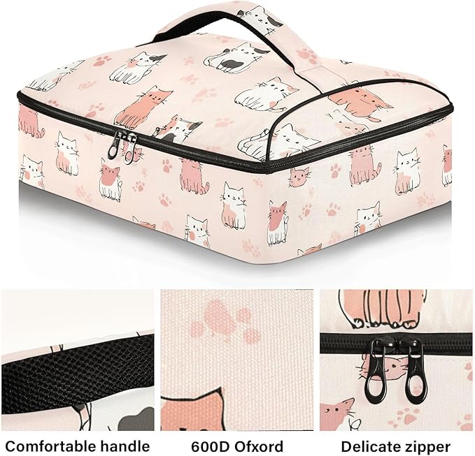 Casserole Carrier Small CatsInsulated Casserole Carrier for Hot or Cold Food Thermal Lunch Tote for Potluck Parties Picnic Beach Fits 9 x 13 Inches Baking Dish