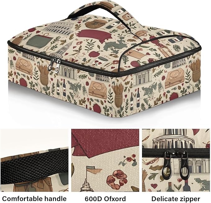 Casserole Carrier Patterns Retro Italian Lifestyle ElementsInsulated Casserole Carrier for Hot or Cold Food Thermal Lunch Tote for Potluck Parties Picnic Fits 9 x 13 Inches Baking Dish