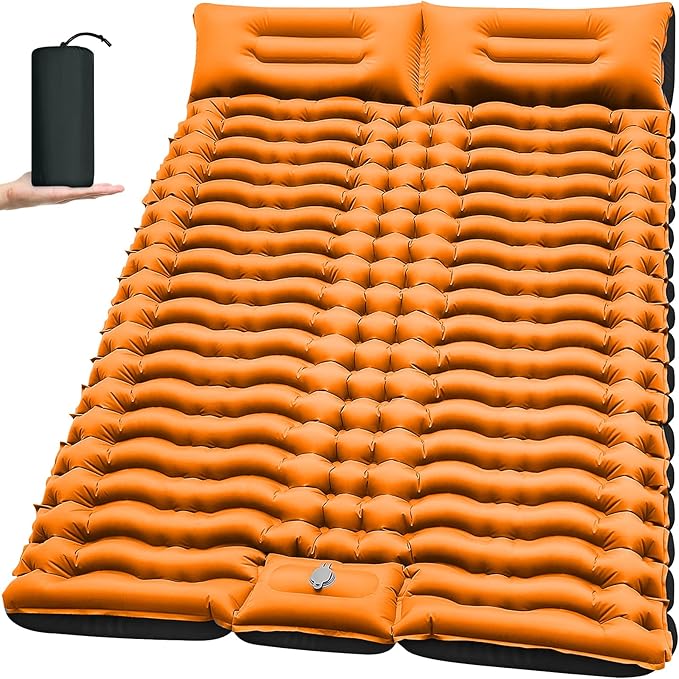Double Sleeping Pad for Camping 4 Extra Thick Self-Inflating Air Mattress - 2 Person Inflatable Camping Mat with Built-in Foot Pump &amp Pillow Backpacking Hiking Tent Travel-Orange