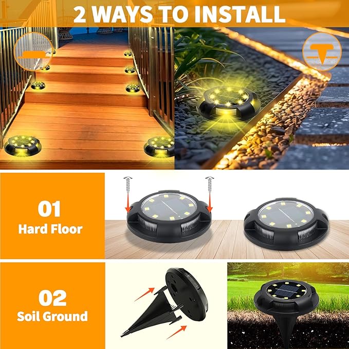 Solar Ground Lights 8 Pack 12 LED Solar Disk Lights Outdoor Waterproof In-Ground Landscape Lighting for Garden Pathway Yard Lawn Patio Deck Driveway Walkway Outside Decor (Warm White)