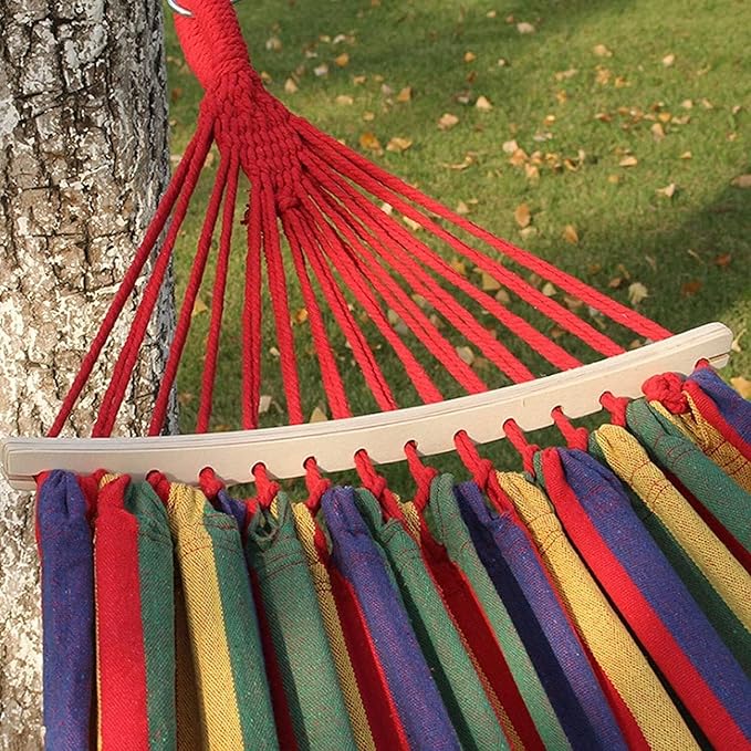 Deluxe Boho Hammock Swing with Spreader Bar – Thickened Canvas Fringed Portable for Indoor Porch Backyard Hiking and Travel – 441 lbs Capacity