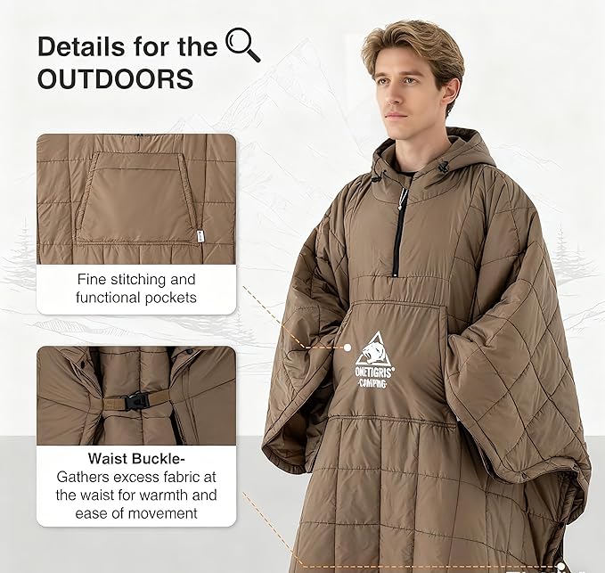 ONETIGRIS Camping Blanket Poncho with with Recycled Synthetic InsulationWearable Hoodie Blanket | Ultralight Water-Resistant Warm Camping Blanket for Outdoor Hiking Stadium