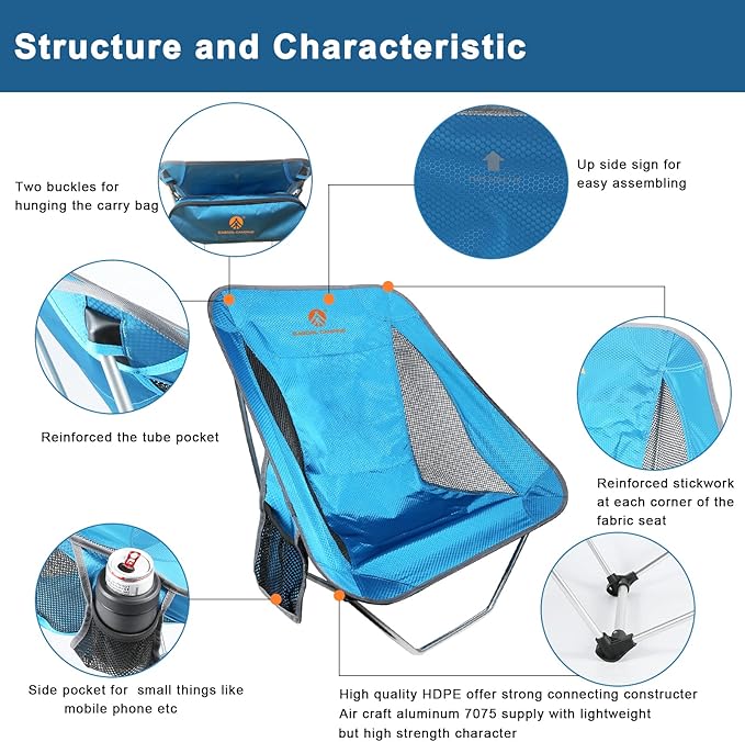 Ultralight Folding Camping Chair Low Lightweight Foldable Camp Chairs with Carry Bag for Hiking Backpacking Picnic Outdoor Concert Sports Events Beach