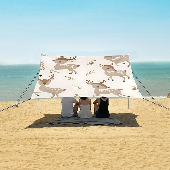 Seamless Pattern with Cartoon Deer Camping Sun Shelter Beach Tent Portable Beach Sun Shade Outdoor Canopy for Camping Trips Fishing Picnic