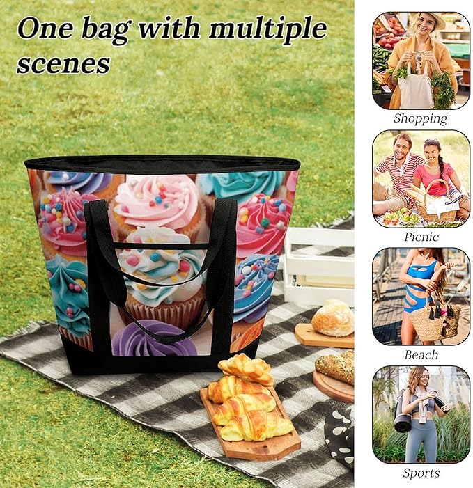 Insulated Shopping BagLarge Reusable Cooler Bags Birthday Cupcakes Printed Foldable Shopping BagTravel Waterproof Shoulder Bag