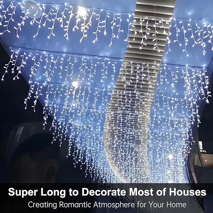 LED Icicle Lights for Outdoor Christmas Decorations118Ft 1200 LEDs Christmas Fairy Light with Timer&ampMemory Function8 Lighting ModesPlug in hanging Curtain Lights for Xmas Party(Cool White)