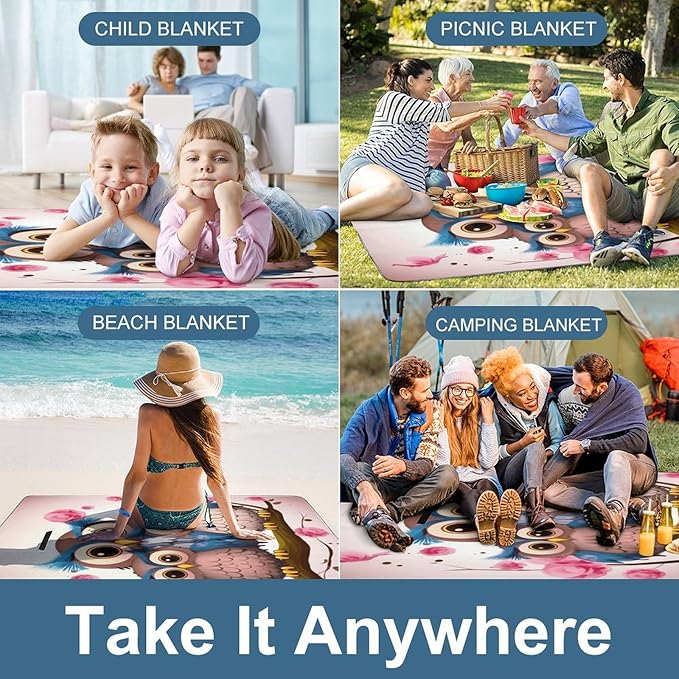 Cute Owls Beach BlanketPortable Waterproof Picnic Blanket58.3''x 58.3'' Extra Large Picnic Mat for BeachCamping Grass Lawn Park Accessorie for Festival BBQ