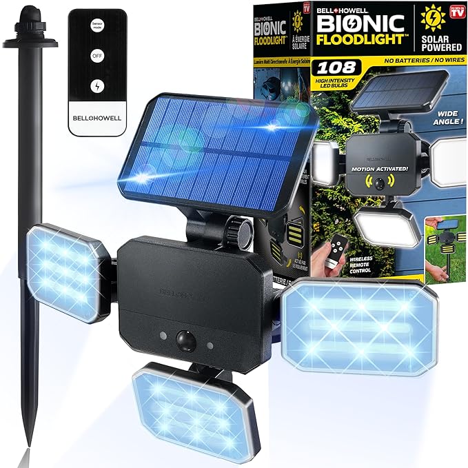Bionic Floodlight Deluxe Solar Light Outdoor Waterproof Patio Light Motion Sensor Outdoor Lights w/ Remote Control Adjustable 3 Heads Wall Lights - Wireless 50% Brighter-108 COB LED As Seen On TV