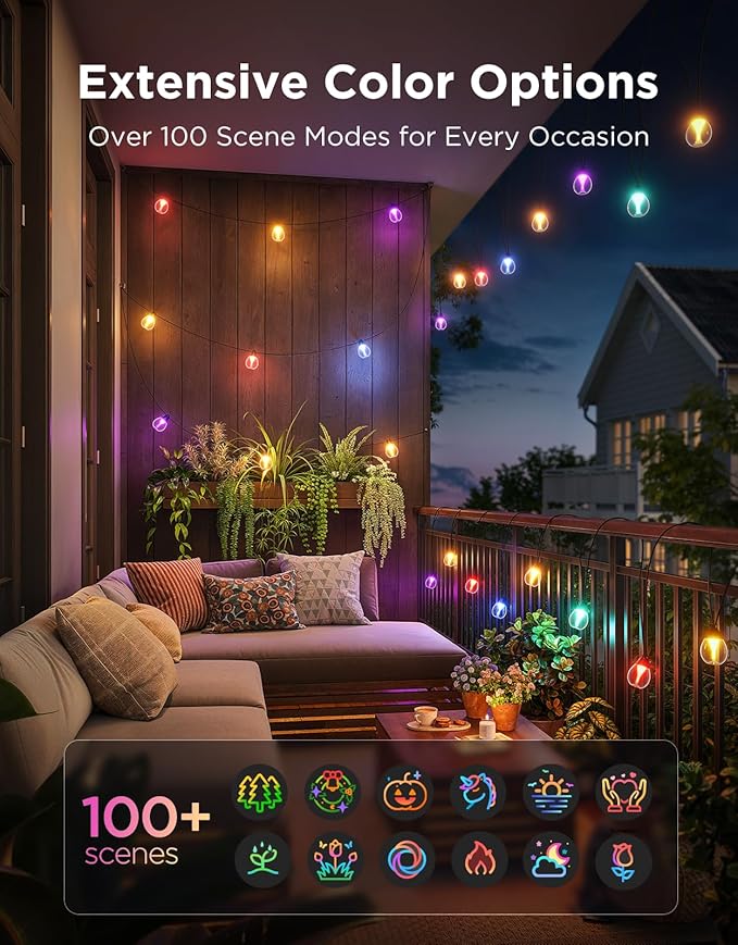 Govee Clear Bulb Outdoor String Lights 48ft RGBWIC Dimmable Patio &amp Backyard Lights with 15 LED Bulbs 111 Modes IP67 Waterproof &amp Shatterproof Works with Alexa Google &amp Matter