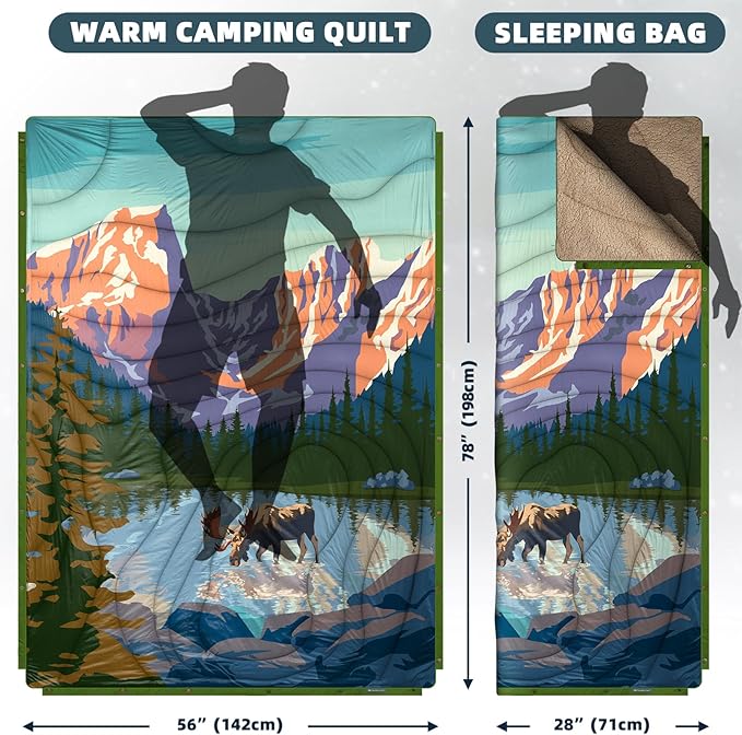 Outdoor Camping Blanket with Sherpa Lining Extra Warm Thick Camp Blankets and Puffy Ultralight Soft Poncho DWR Camping Quilt for Cold Weather Adventure Sleeping Backpacking 78x 56