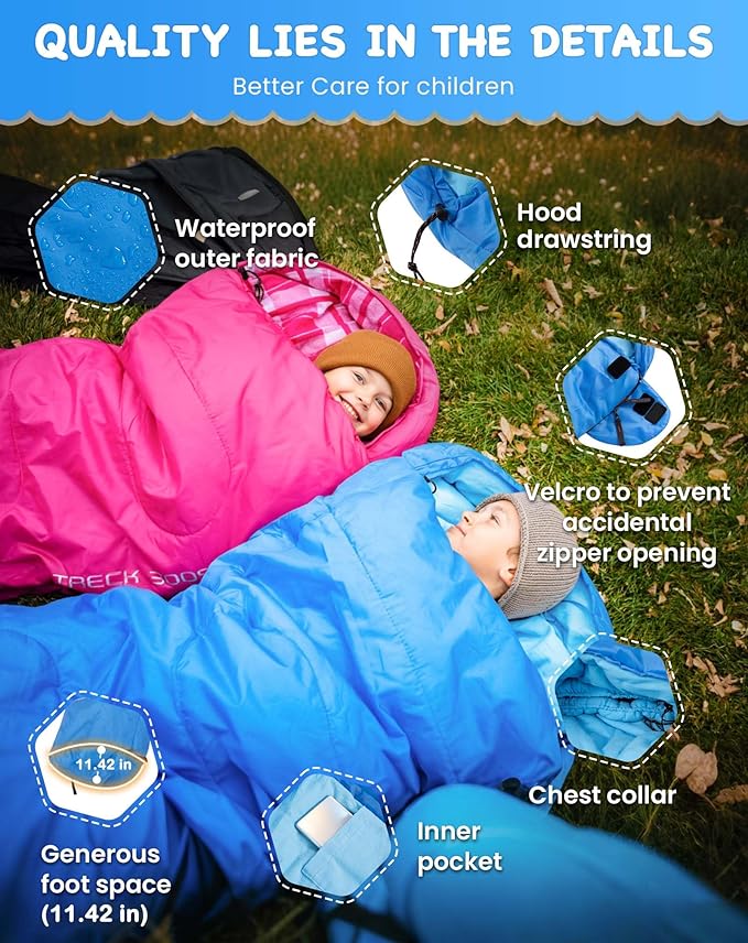 KingCamp 45°F Kids Sleeping Bag Lightweight Waterproof &amp Compact Flannel Sleeping Bags Cold Weather &amp Warm Youth Essentials Gear Accessories for Camping Fits 10-12 Children up to 4'7-5'5 T