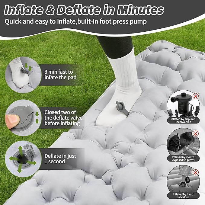 HiiPeak Double Sleeping Pad for Camping - Ultralight Camping Mattress with Pillow Built-in Foot Pump Compact Inflatable 2-Person Portable Mat for Backpacking Hiking Car Traveling Beach Tent
