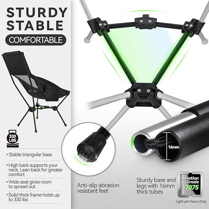 MARCHWAY Lightweight Folding High Back Camping Chair with Head Support Stable Portable Compact for Outdoor Camp Travel Beach Picnic Festival Hiking Backpacking (Highback Black)